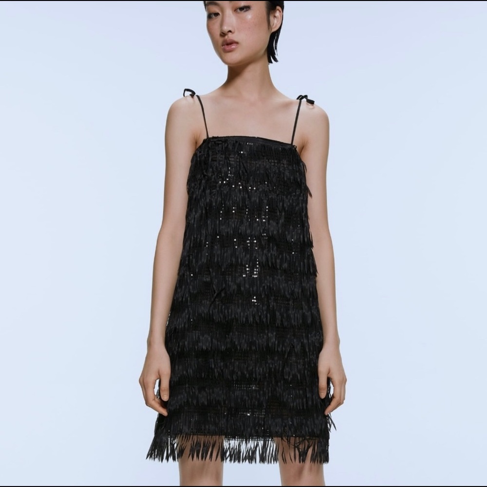 NWT ZARA Black SEQUINNED FRINGED DRESS Mini Adjustable Straps Size M 2853